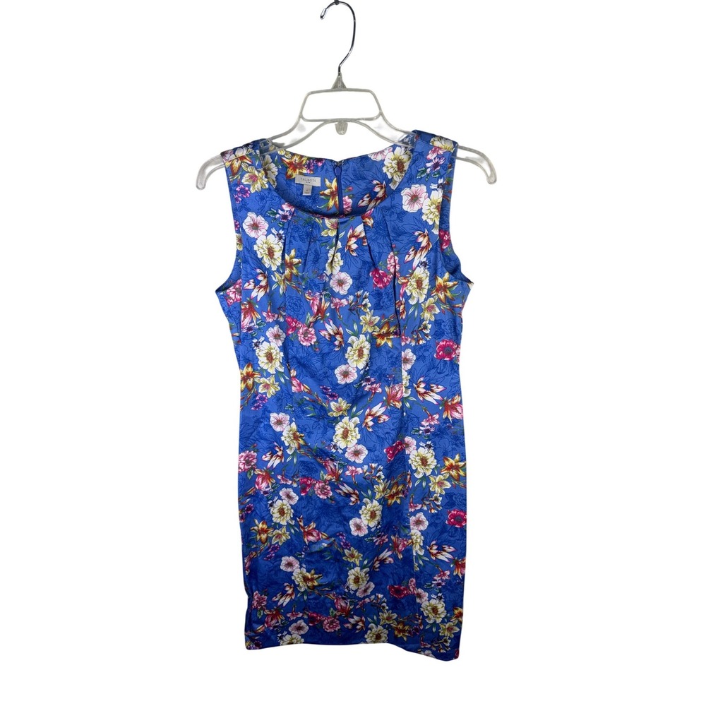 Talbots Blue Floral Sleeveless Sheath Dress Womens Size 6 Pleated Scoop Neck - Picture 1 of 3